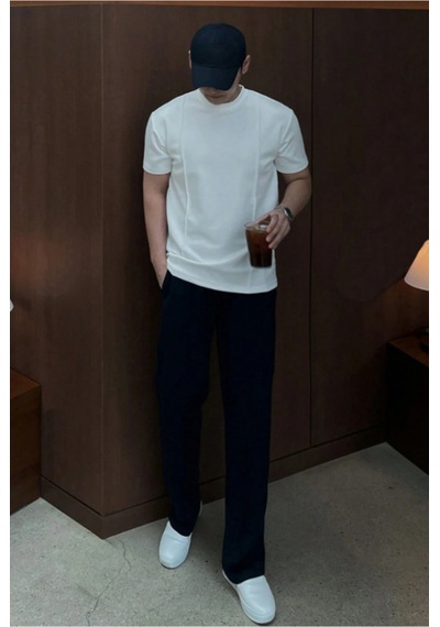 Erkek Çizgi Detaylı Slim Fit Tişört Bisiklet Yaka Casual Pamuklu T-shirt Beyaz