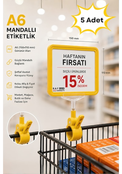 5 Adet - A6 Fiyatlık Mandallı Etiketlik Sepet Raf Askılık Fiyat Etiketi Çerçeveli Market Mağaza Sarı