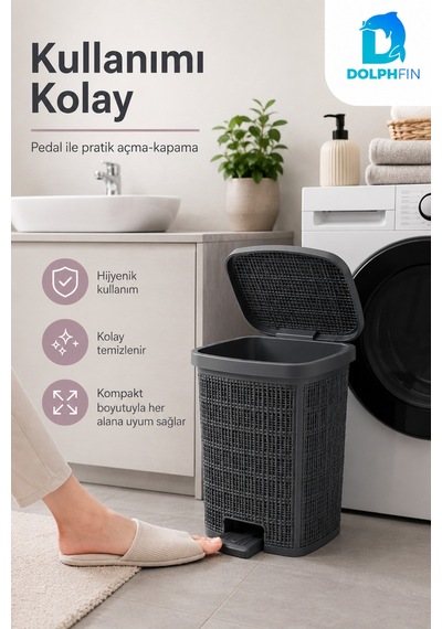 Jute Pedallı Çöp Kovası Kapaklı Plastik Banyo Mutfak Ofis Atık Kovası 30x27x34 Cm Siyah