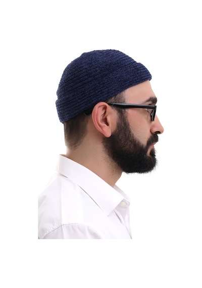 Lacivert Katlamalı Sade Desen Kışlık Kadife Takke Şapka