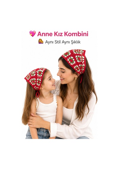 Anne Kız Kombin Bandana El Örgüsü Saç Bandı Bohem Stil Ayarlanabilir 2li Set Kırmızı