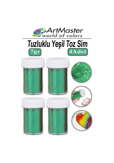 Toz Sim Yeşil 4 Adet 7 Gr Tuzluklu Etkinlik Ders Okul Slime Dekorasyon Renkli Toz Sim Dekor Süsleme