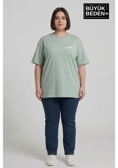 Superlife Kadın Büyük Beden Ar Baskılı 3xl-6xl Bisiklet Yaka Tshırt Spr26btsk510-1 Yeşil