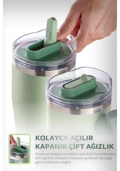 Fika Lumi Patentli Döner Kulplu Sızdırmaz Çift Ağızlıklı Çelik Termos 950 Ml Mint Yeşili