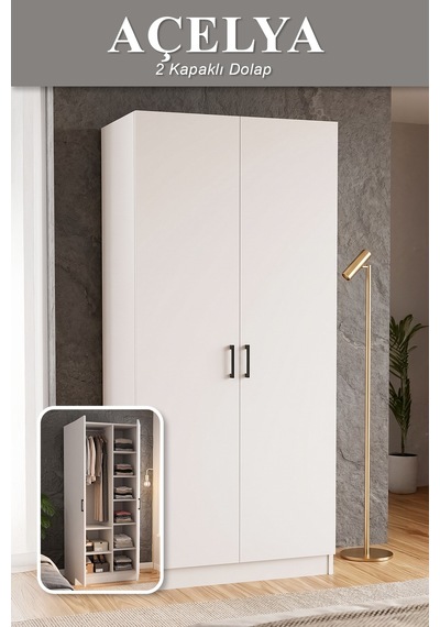 Açelya Gardrop Askılı Elbise Dolabı Raflı Elbise Dolabı Beyaz