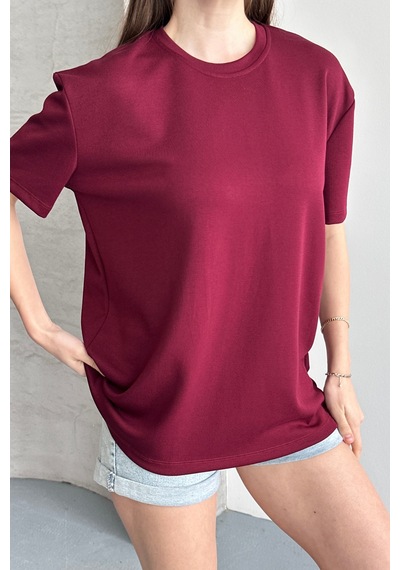 Balenbi Kadın Modal Bisiklet Yaka Basic Yarım Kollu T-shirt 1211 Bordo
