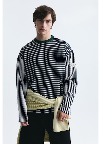 Vamos Kontrast Yaka Çizgili Sweatshirt Ekru-füme