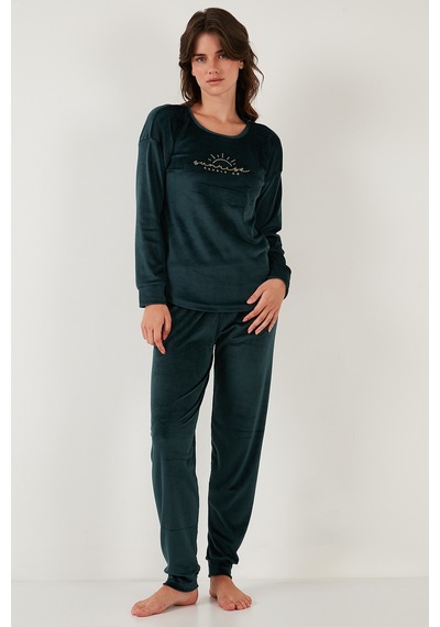 Lela Standart Fit Bisiklet Yaka Yumuşak Kadife Bayan Pijama Takımı 6094201 Nefti
