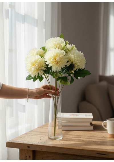Yapay Çiçek Krizantem Krem Renk Kartopu Büyük Boy 7 Toplu 40cm Krem