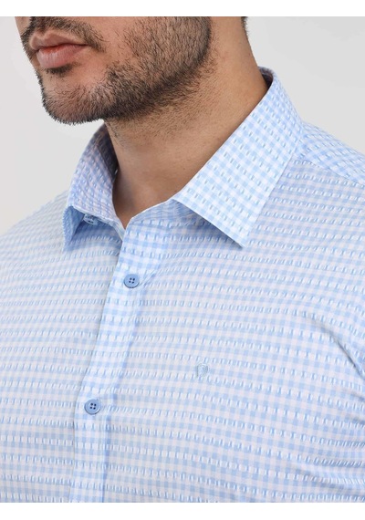 Dufy Mavi Erkek Slim Fit Kareli Brent Yaka Uzun Kol Gömlek - 102384-mavi Mavi