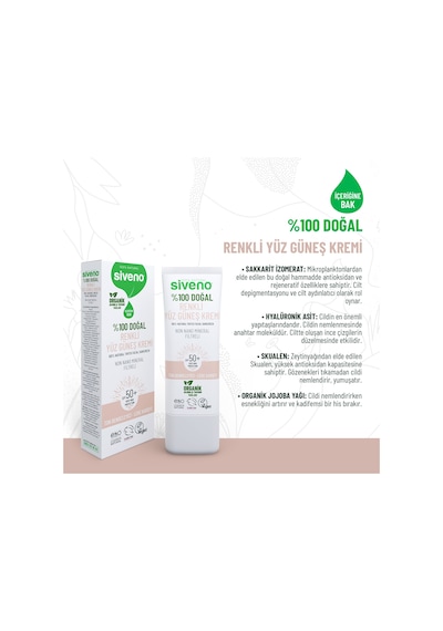 Siveno %100 Doğal Yüz Güneş Kremi Renkli Ton Eşitleyici Leke Karşıtı Uva Uvb Spf 50+ 30 ML