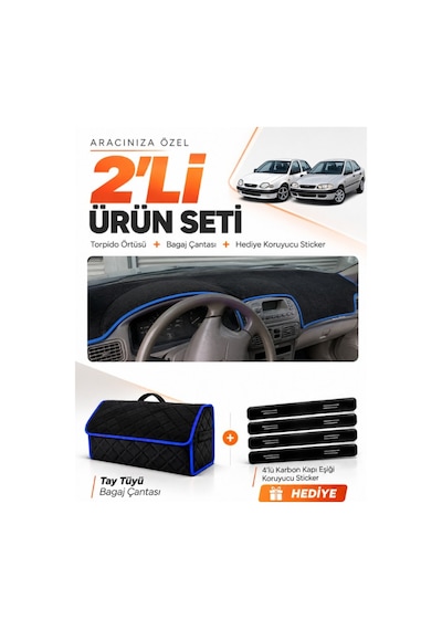 Toyota Corolla Terra E110 1997-2002 Uyumlu Torpido Örtüsü + Tay Tüyü Çanta Seti - Siyah Mavi