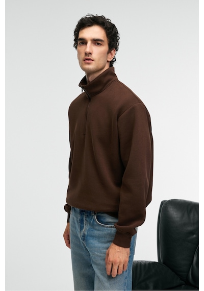 Grimelange BAXTER Erkek Dik Yakalı Fermuarlı Relaxed Kahverengi Sweatshirt