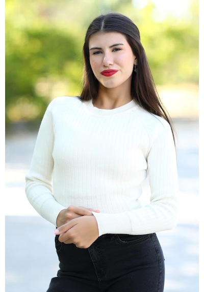 Giysa Kadın Bej Fitilli Crop Triko Kazak Kısa Model Akrilik Kumaş Ribanalı - 3122 Bej