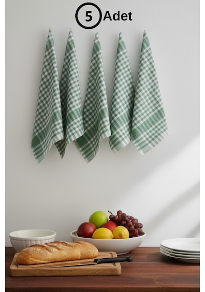 Pötikareli 5'li Pamuklu Beslenme Sunum Örtüsü Kurulama Bezi Servis Peçetesi Mutfak Havlusu Yeşil