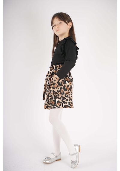 Miniko Kids Kız Çocuk Leopar Cep Model Etekli Kol Detaylı Takım Siyah
