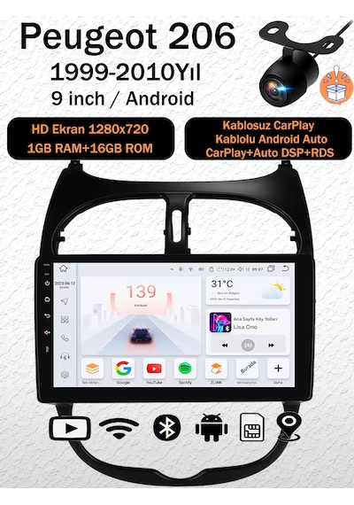 Peugeot 206 1999-2010 Android 14 Navigasyon Multimedya Tesla Ekran Android Teyp Double Teyp 1gb Ram 16gb Hafıza Kablosuz Carplay Android Auto 9"