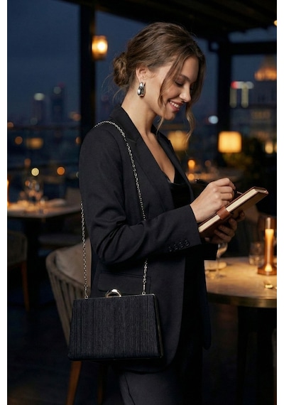 Vivazzaluxe Simli Abiye Düğün Nişan Kadın Clutch Çanta Siyah