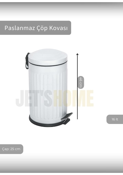 Jet's Home Pedallı Banyo Çöp Kovası Paslanmaz 16 Lt Mutfak Çöp Kutusu Beyaz Beyaz