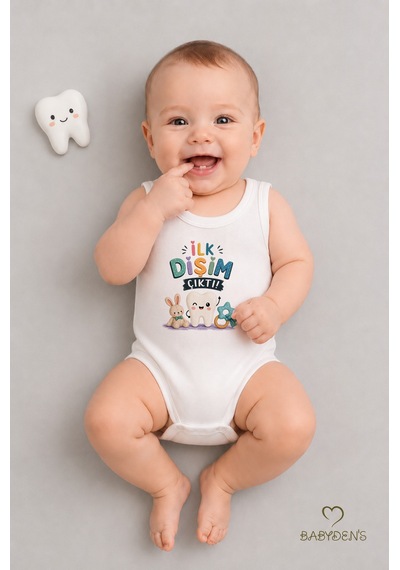 Babyden's Diş Buğdayı Body %100 Pamuk İlk Dişim Çıktı Baskılı Kolsuz Bebek Body Çıtçıtlı Unisex Yenidoğan Zıbın Beyaz
