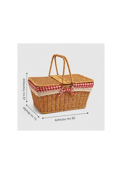 Kırmızı Ekoseli Piknik Sepeti, 39x27x18 Cm Boyutlarında Taşıma İçin Uygun Açık kahverengi
