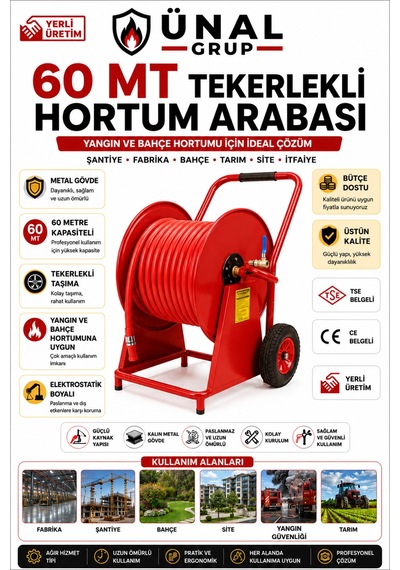 60 Metre Tekerlekli Yangın Ve Bahçe Hortum Arabası Metal Hortum Sarma Makarası Şantiye