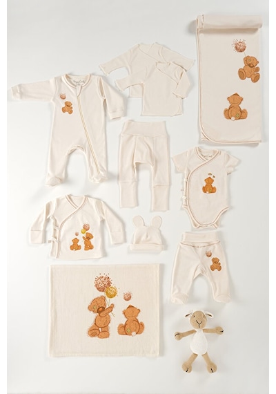 Tinylamb Fluffy Bear Oyuncaklı Organik Yenidoğan Hastane Çıkış Seti - 11 Parça Krem
