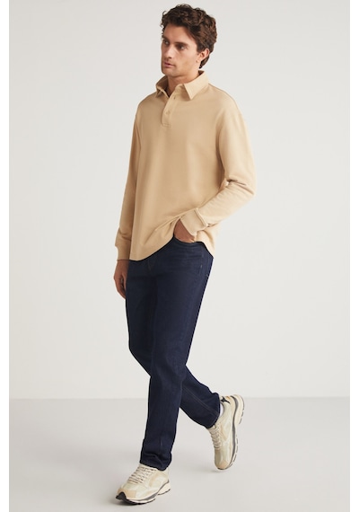 Grımelange JOHN Erkek Polo Sweat Gömlek Yakalı Arkası Uzun Yırtmaçlı Diagonel Kumaşlı Bej Sweatshirt
