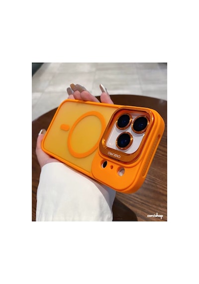 İphone 17 Uyumlu Kılıf Açılır Kamera Stand Magsafeli Mat Renkli Şeffaf + Lens Koruyucu Set Turuncu