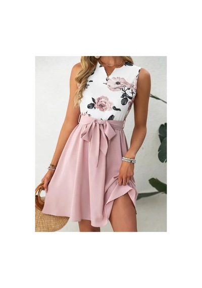 Butik İstanbul Kadın Sıfır Kollu V Yakalı Çiçek Baskılı Beli Kuşaklı Dalgıç Elbise Pembe