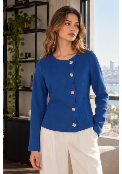 Armonika Kadın Saks Asimetrik Kapamalı Düğmeli Vücuda Oturan Keçe Kumaş Ceket Arm-27k001030