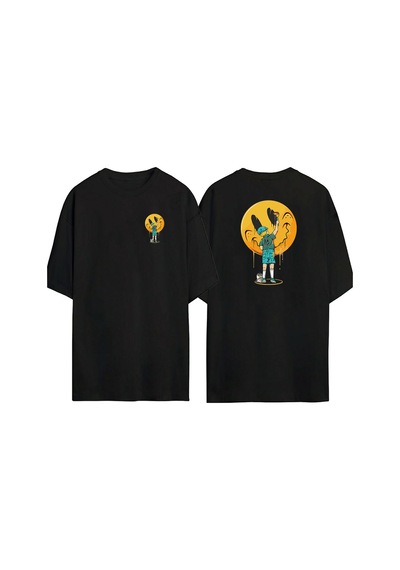 Thewert Unisex Gülen Yüz Çizen Çocuk Ön Arka Baskılı Sıyah Oversize T-shirt Siyah