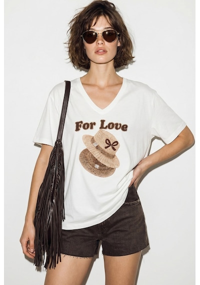 Kadın V Yaka For Love Nakış Ve Boncuk İşlemeli Oversize T-shirt 2240 60286329 - Beyaz