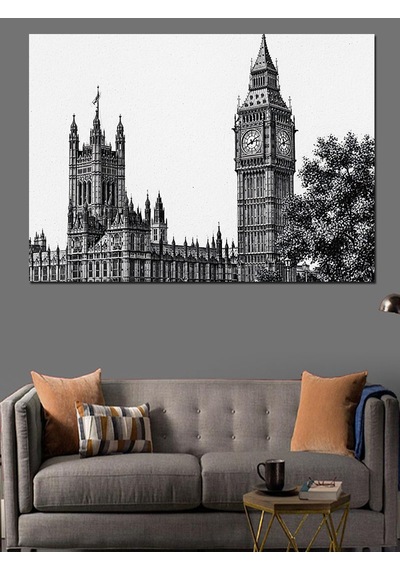 Siyah Beyaz Londra Big Ben Şehir Manzarası Dekoratif Kanvas - Mdf Ahşap Tablo