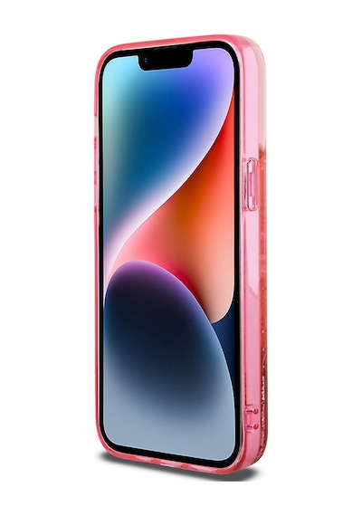 Apple Uyumlu iPhone 14 Pro Max Kılıf Guess Lisanslı Transparan Sıvılı Simli Altın Çizgili Kapak Pembe