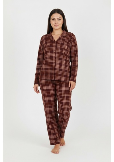 Bravie Luxury Soft Kahverengi Ekose Desenli Uzun Kollu Kadın Pijama Takımı Büyük Beden 3009 Kahverengi
