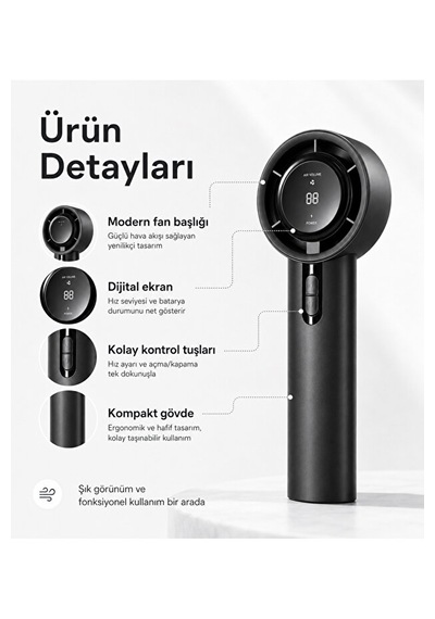 100 Kademeli Dijital Göstergeli Şarjlı El Fanı Taşınabilir Yüksek Hızlı Mini Vantilatör Siyah