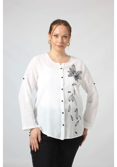Moda Berray 3293 Beyaz Çiçek Baskılı Organik Keten Kumaş Mevsimlik Gömlek Beyaz