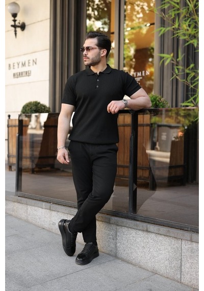 Suma Erkek Düğmeli Yaka Kısa Kollu Triko Tişört Siyah