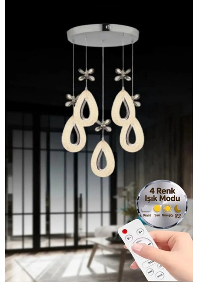 LumiaLighting Damla Model 5'li Gümüş Kumandalı 3 Renk Modu Ledli Kristal Taşlı Modern Salon Mutfak Oturma Odası Led Avize
