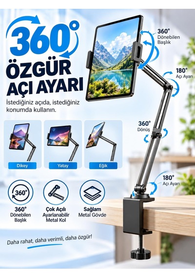 Tr 360 Döner Başlıklı Katlanabilir Ayarlanabilir Masa Kenarı Bağlantılı Metal Kollu Telefon Ve Tablet Tutucu S Genel