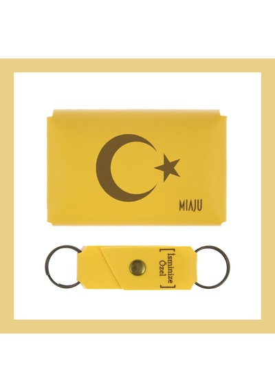 Miaju Sarı Renk, Ay Yıldız Motifli, İsme Özel Cüzdan Ve Anahtarlık Seti, Çok Değerli Sevgiliye Hediyelik Sarı