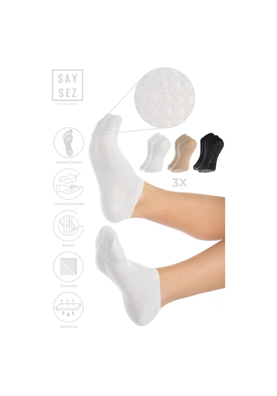 Saysez Bambu Kadın Kaydırmaz Taban Siyah-beyaz-bej Silikon Pilates Yoga Fitness Dans Aktivite Patik 3'lü Renkli