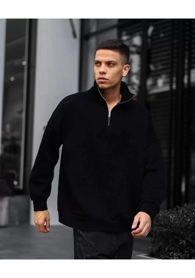 Erkek Yarım Fermuarlı Üç İplik Sweatshirt - Siyah