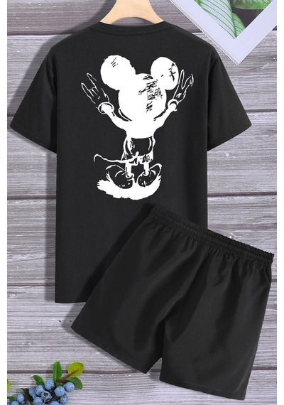 Sırt Baskılı Şort T-shirt Eşofman Takımı Siyah