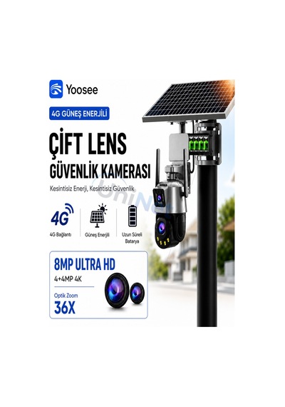 Uninet 4g Sim Kartlı Solar Çift Güneş Panelli 80 Watt 36x Optik Zoomlu Çift Kameralı Güvenlik Kamerası Router Özellikli