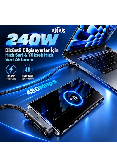 Alfais 6044 Usb Type C Şarj Data Kablosu Standlı Katlanabilir Örgülü Hızlı 240w 2 Metre