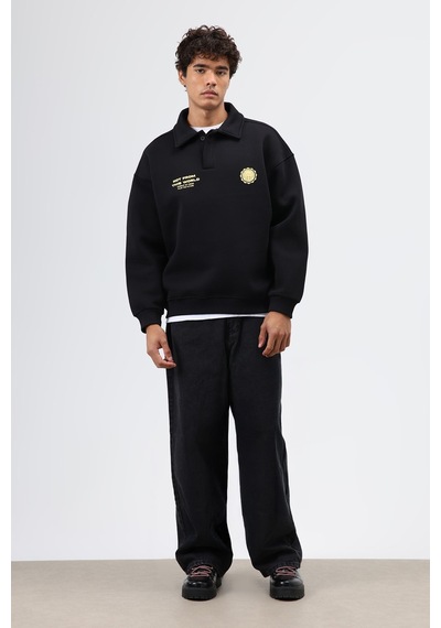 Vamos Polo Yaka Oversize Baskılı Yıkamalı Sweatshirt Siyah