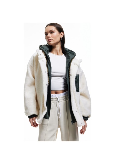 Koton Kapüşonlu Cepli Fermuarlı Oversize Astarlı Peluş Ceket Ekru 5sal20032ıw
