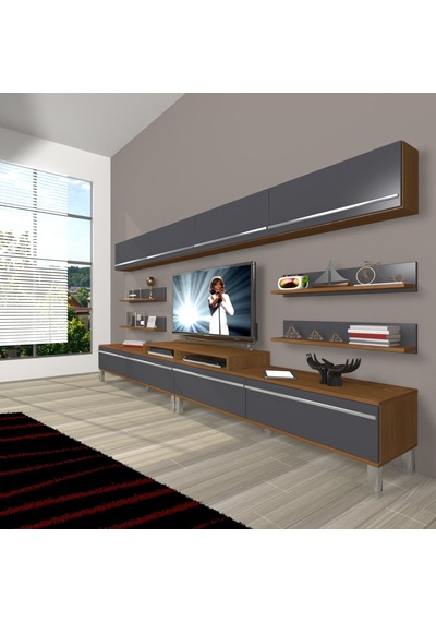 Decoraktiv Ekoflex 360y Mdf Krom Ayaklı Tv Ünitesi Tv Sehpası - Ceviz Antrasit Ceviz - Antrasit